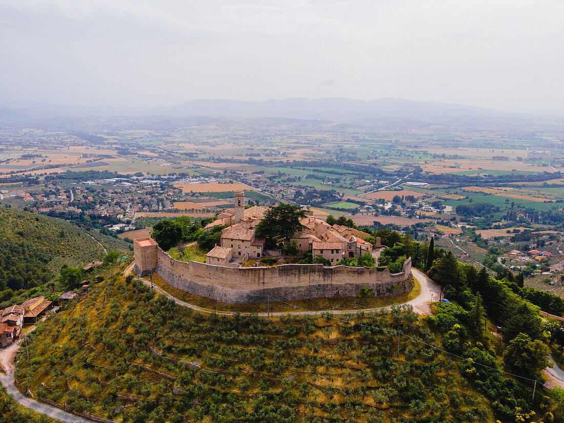 Aerial view of Campello Alto, Campello sul Clitunno, Perugia, Umbria, Italy, Europe