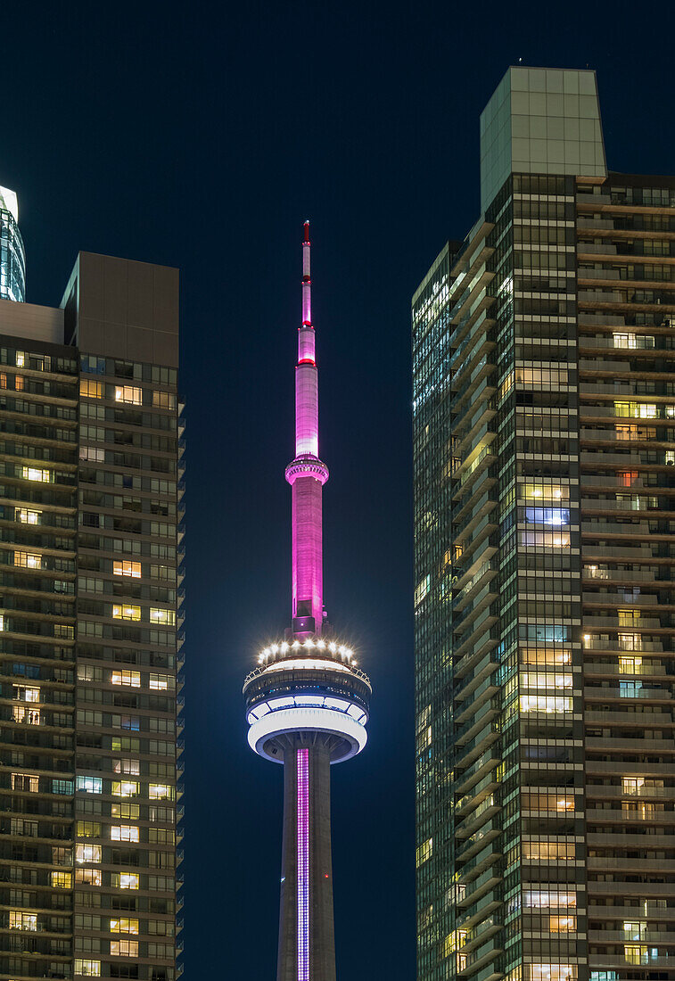 CN Tower bei Nacht umrahmt von modernen Wohnblöcken, Toronto, Ontario, Kanada, Nordamerika