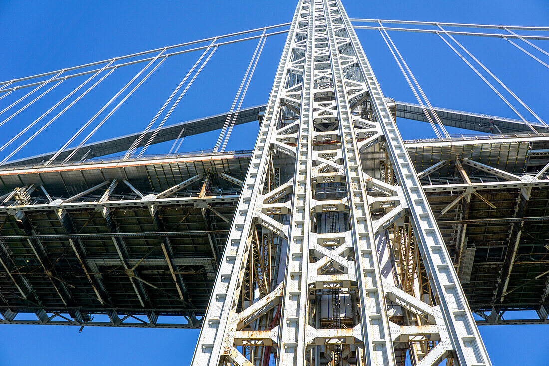 Low Angle View Detail of Suspension Tower, George Washington Bridge, connecting New York City, New York and Fort Lee, New Jersey, USA