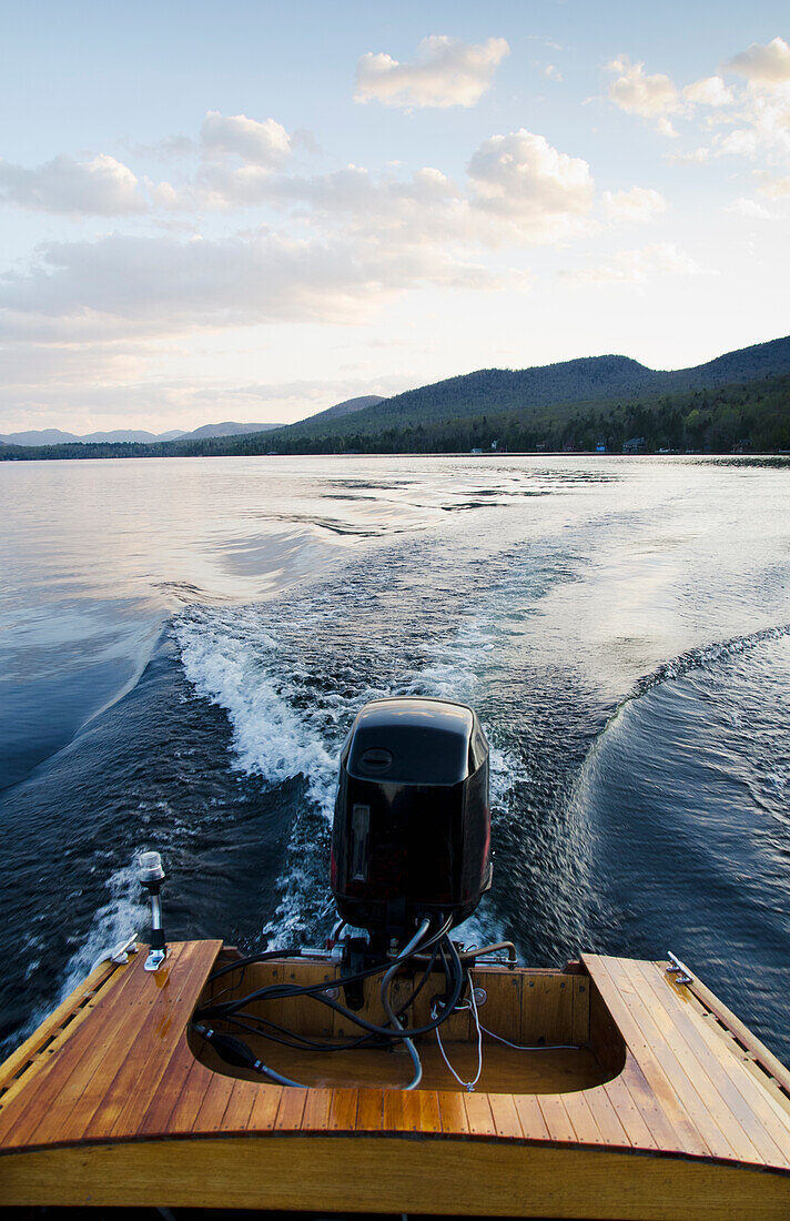 Usa, New York State, North Elba, Lake Placid, View of Lake Placid from wooden boat