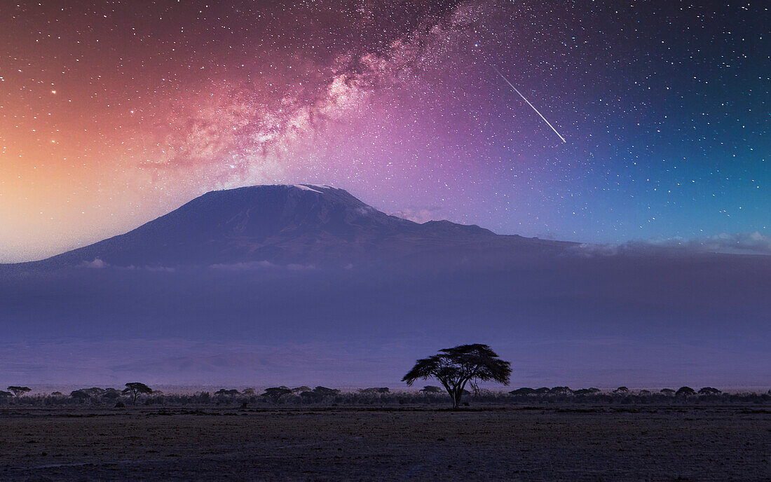 Afrika, Kenia, Milchstraße und Sternschnuppe über dem Kilimandscharo im Amboseli-Nationalpark