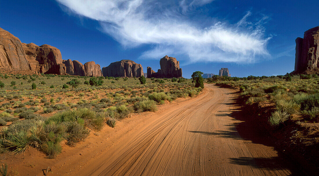 Arizona, Monument Valley Tribal Park, Empty dirt road in desert in Monument Valley