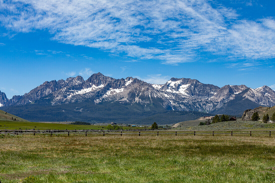 USA, Idaho, Stanley, Landscape with pastures and Sawtooth Mountains