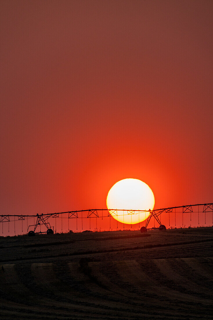 USA, Idaho, Bellevue, Irrigation equipment in field against setting sun