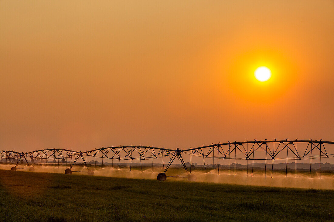 USA, Idaho, Bellevue, Irrigation equipment in field at sunset