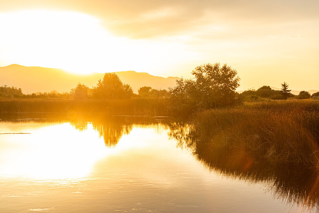 USA, Idaho, Bellevue, Sunrise reflected in spring creek near Sun Valley
