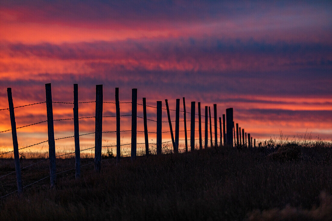USA, Idaho, Bellevue, Silhouette of fence in field at sunset