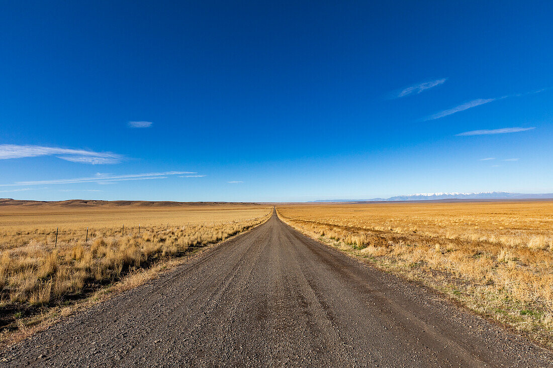 USA, Nevada, Winnemucca, leere Wüstenstraße und blauer Himmel