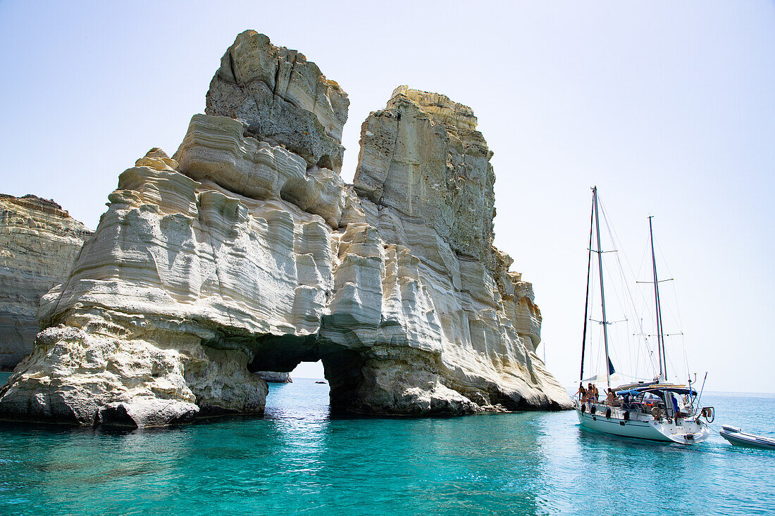 Tour boats in Kleftiko Bay, white cliffs of Kleftiko, Milos, Cyclades Islands, Greek Islands, Aegean Sea, Greece, Europe