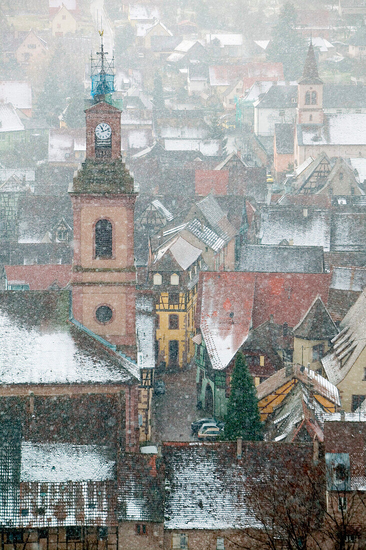 FRANCE, Alsace (Haut Rhin), Riquewihr: Town view of Alsatian Wine Village in Winter