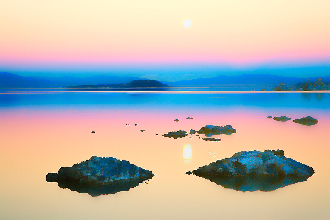 USA, California, Mono Lake. Abstract of lake and moon.