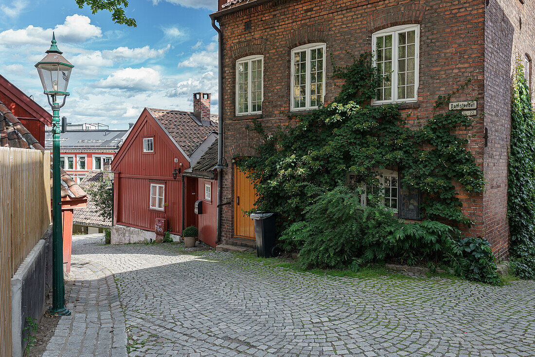 Walking down Damsredet Street in Oslo, Norway.