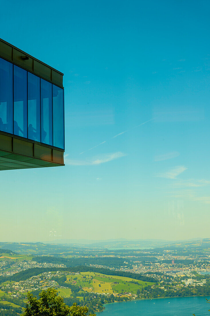 Hotel Five Stars Bürgenstock over Lake Lucerne and Mountain in Sunny Day in Bürgenstock, Nidwalden, Switzerland.