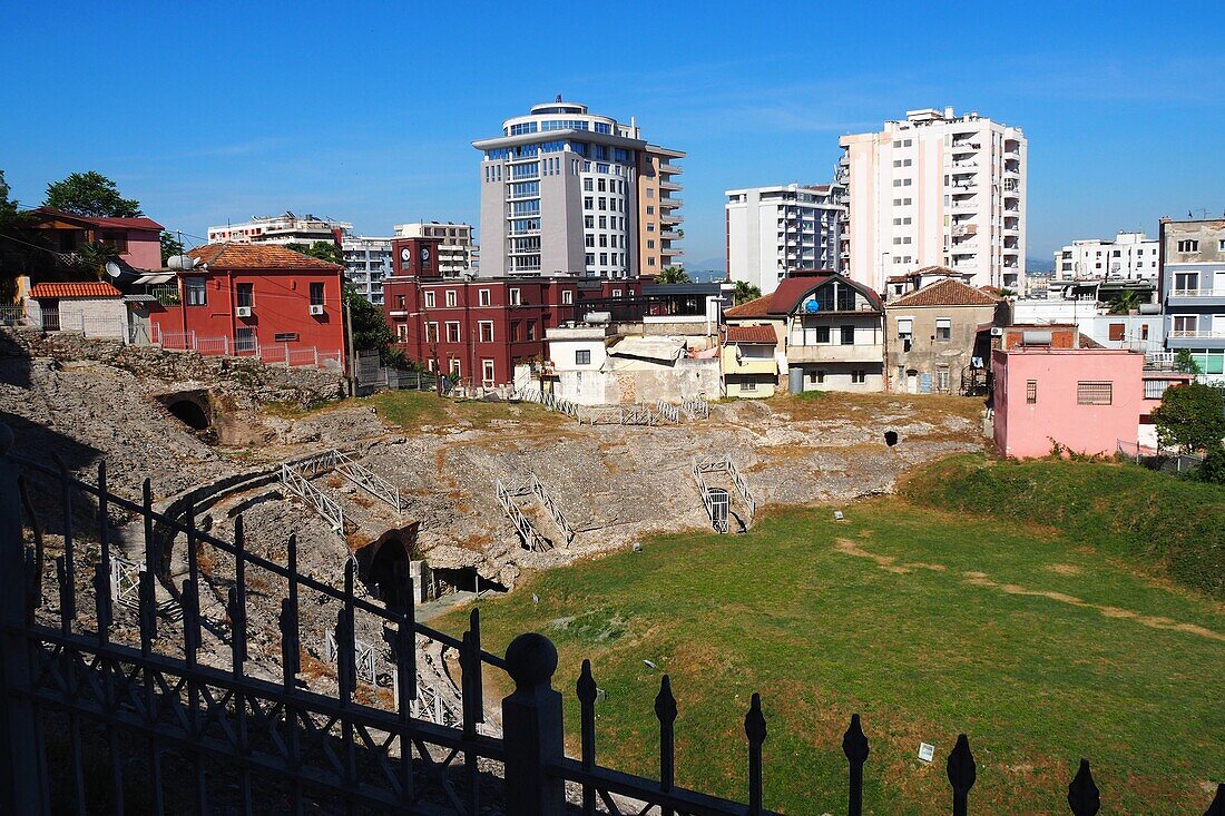 ancient roman amphitheater in the port city of Durres, Albania