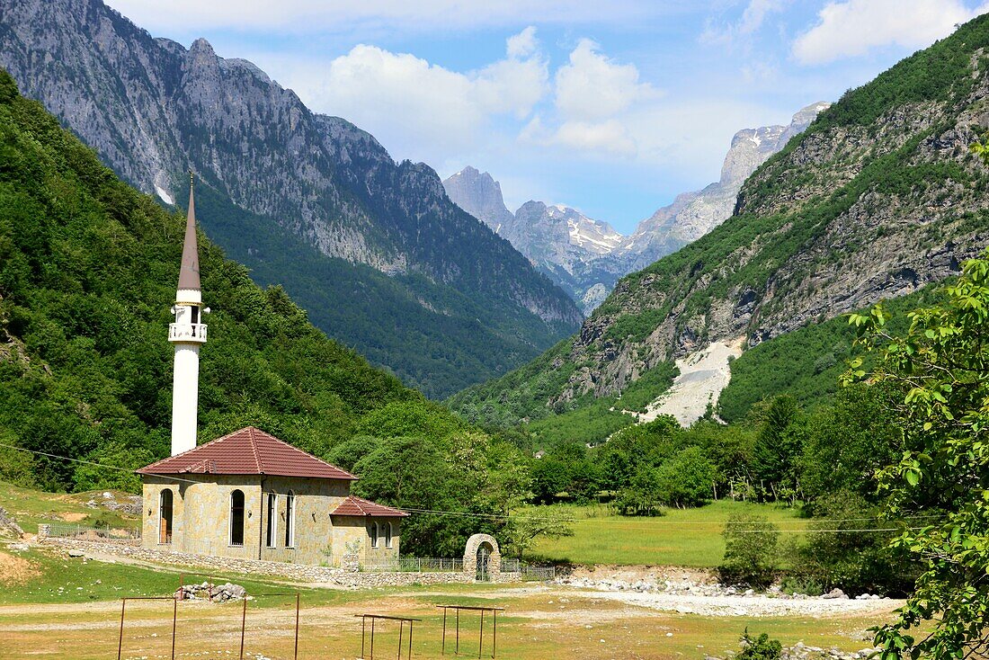 small mosque at the valley entrance to Valbone National Park, North Albania