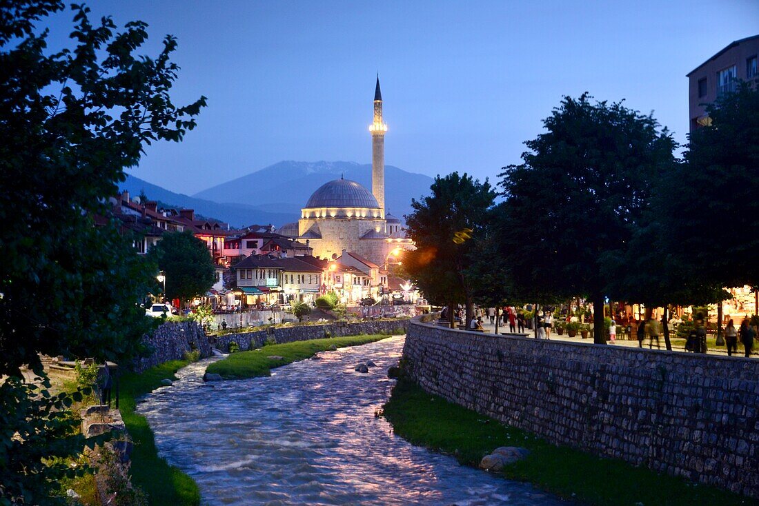 View of Prizren with the old town and Sinan Pasha Mosque with the Lumbardhi River, Kosovo