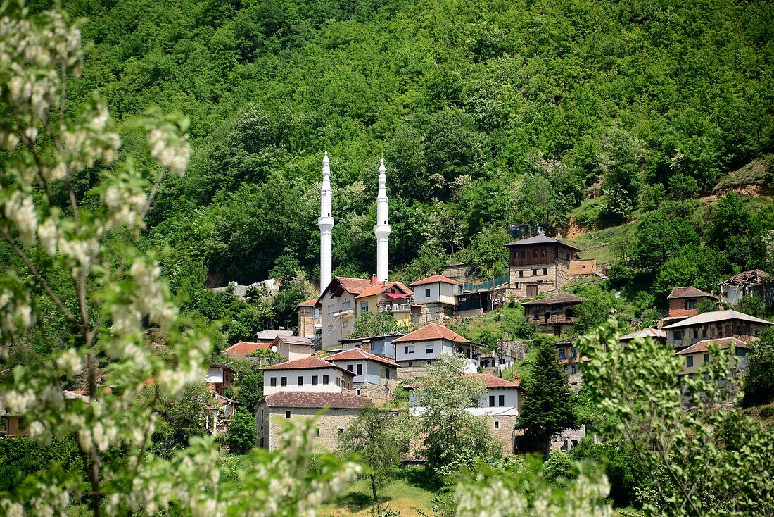 Dorf mit kleiner Moschee am Mavrovo Nationalpark, Nordmazedonien