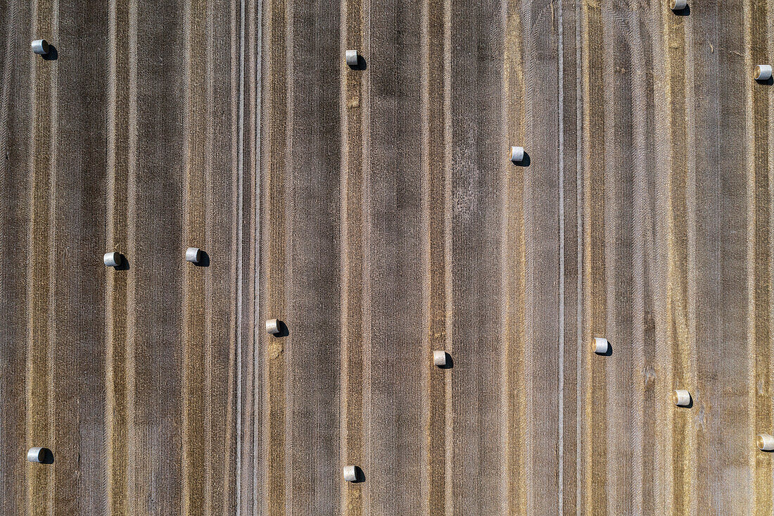 Aerial drone POV rolled hay bales in striped brown field