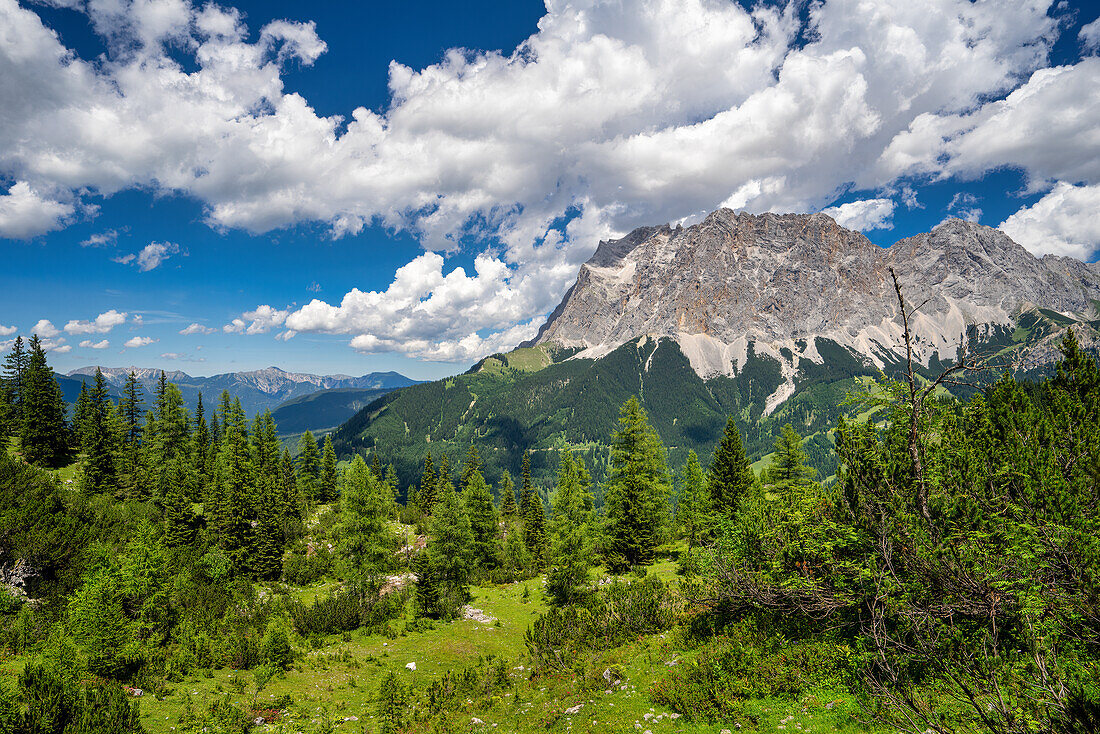 Blick vom Seebensee kommend auf die Zugspitze im Sommer, Ehrwald, Tirol, Österreich