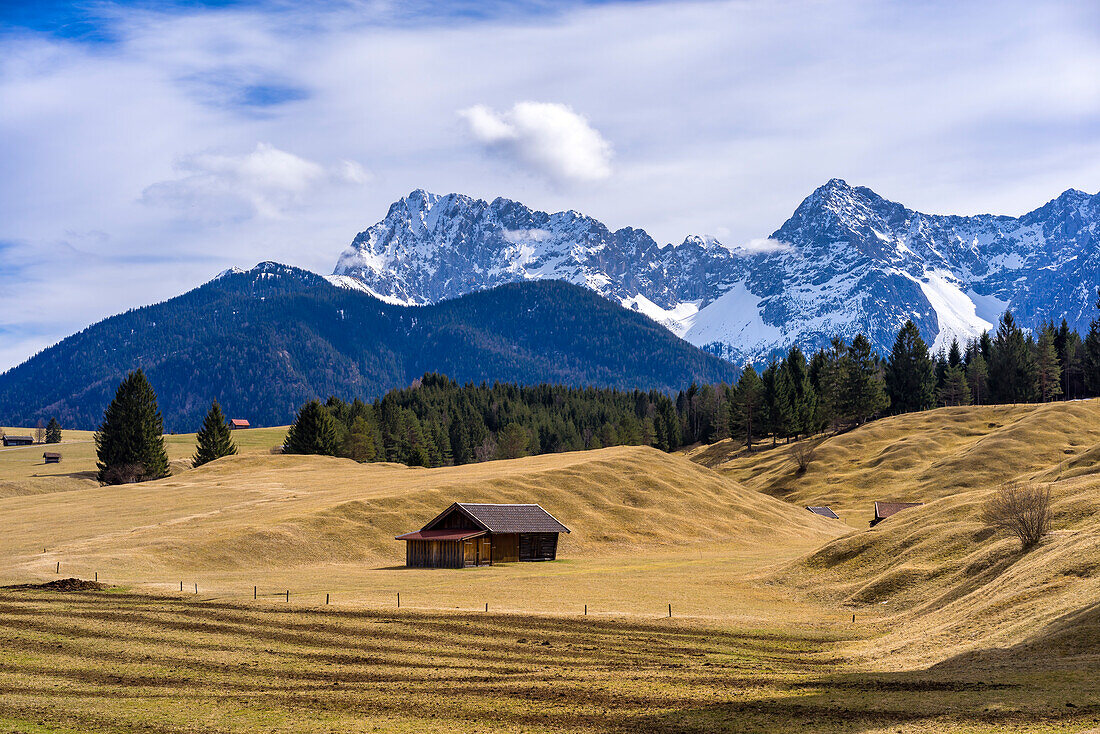 The scenic Buckelwiesen near Mittenwald in early spring, Krün, Bavaria, Germany