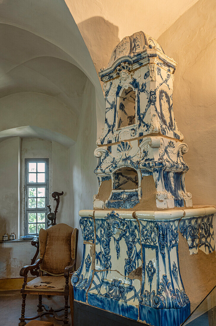 Historic tiled stove in the Johannis-(Cosel) tower at Stolpen Castle, Saxony, Germany