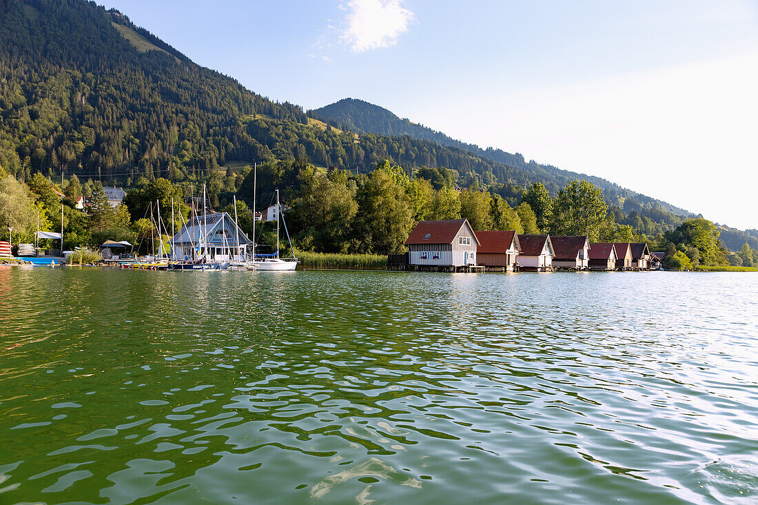 Bootshäuser am Großen Alpsee am Kurpark von Bühl am Alpsee in Oberallgäu in Bayern in Deutschland