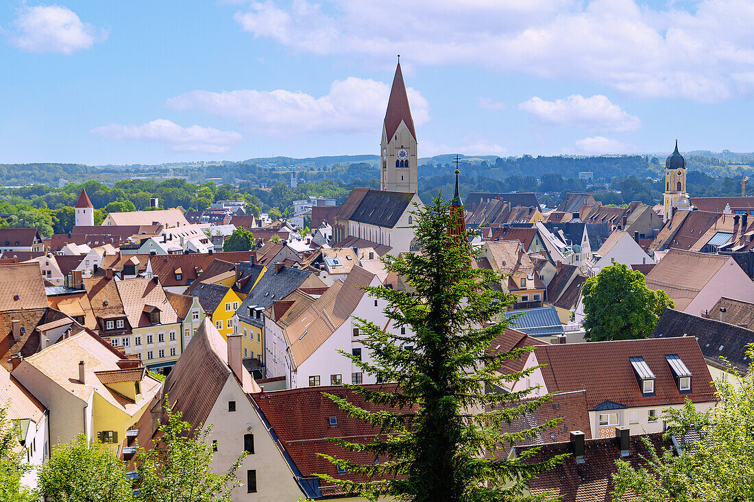 City view of Kaufbeuren with the Church of St. Martin and the Trinity Church in the Östallgäu in Bavaria in Germany