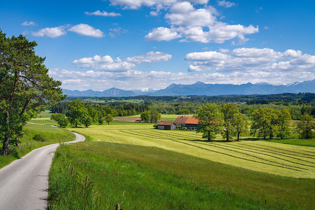View over the idyllic foothills of the Alps near Peissenberg, Bavaria, Germany