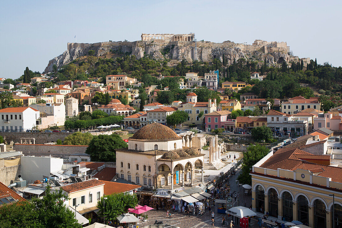 Monastiraki Square in the foreground with The Acropolis in the background, Athens, Greece, Europe