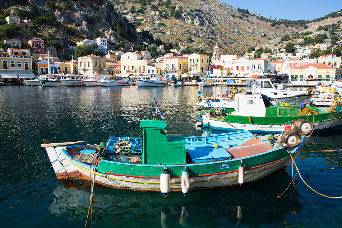Fishing boat, Gialos Harbor, Symi (Simi) Island, Dodecanese Island Group, Greek Islands, Greece, Europe