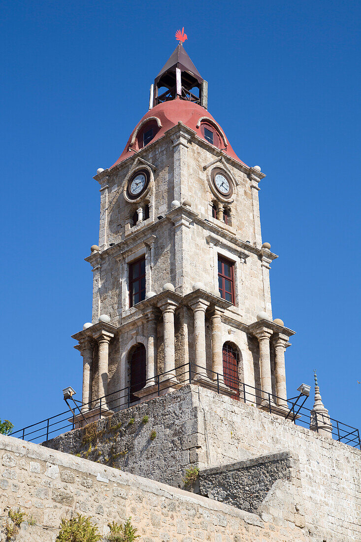 Mittelalterliche Roloi Clock Tower, Altstadt von Rhodos, Rhodos, Inselgruppe der Dodekanes, griechische Inseln, Griechenland, Europa