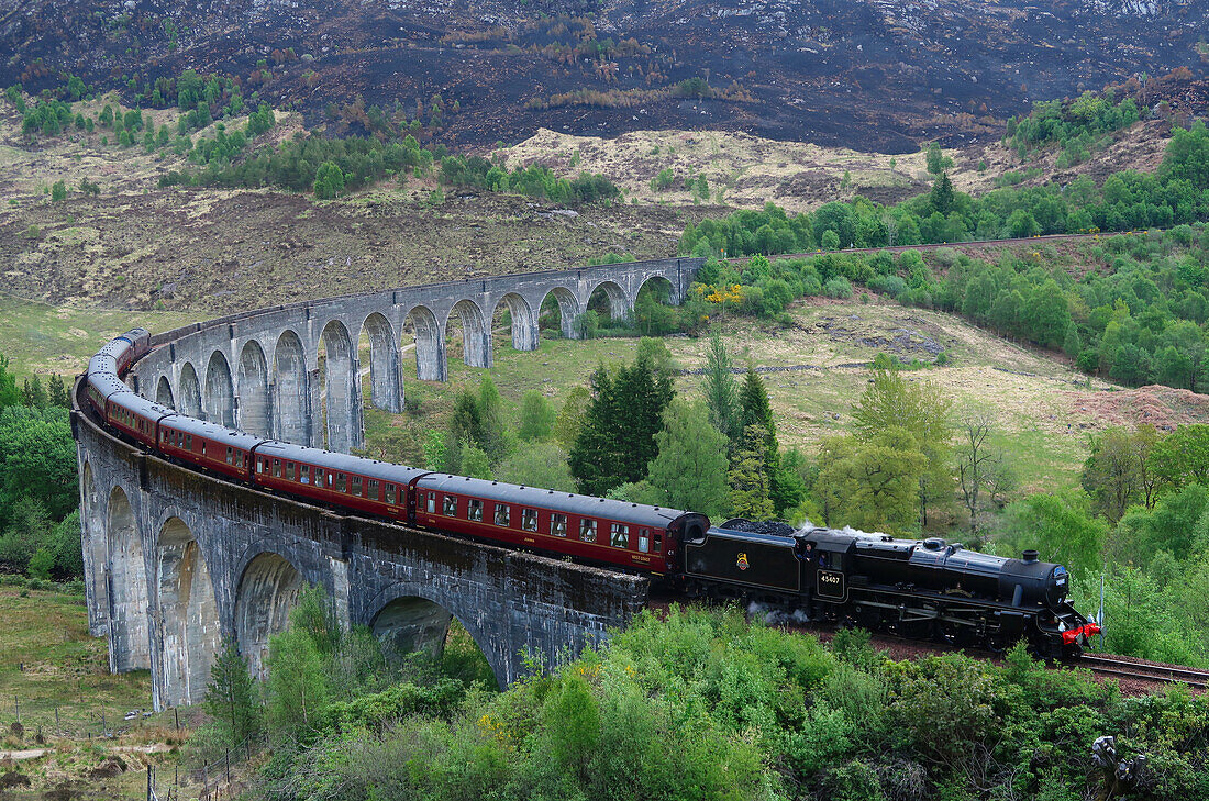 Der Jacobite Express Kreuzung Glenfinnan Viadukt, Mallaig, Highlands, Schottland, Vereinigtes Königreich, Europa