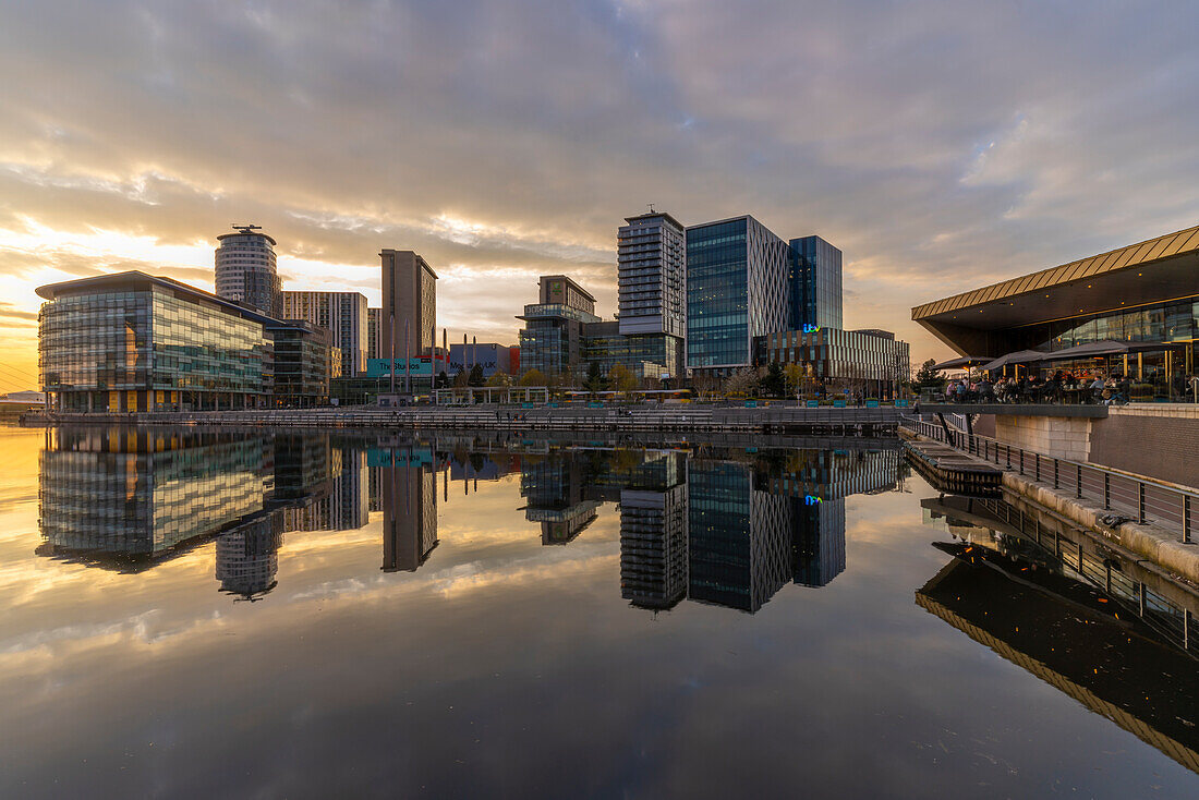 View of MediaCity UK at sunset, Salford Quays, Manchester, England, United Kingdom, Europe