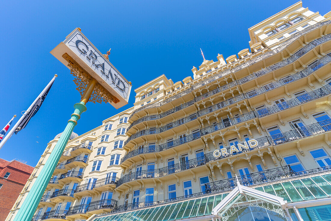 View of the facade of the Grand Hotel on a sunny day, Brighton, East Sussex, England, United Kingdom, Europe