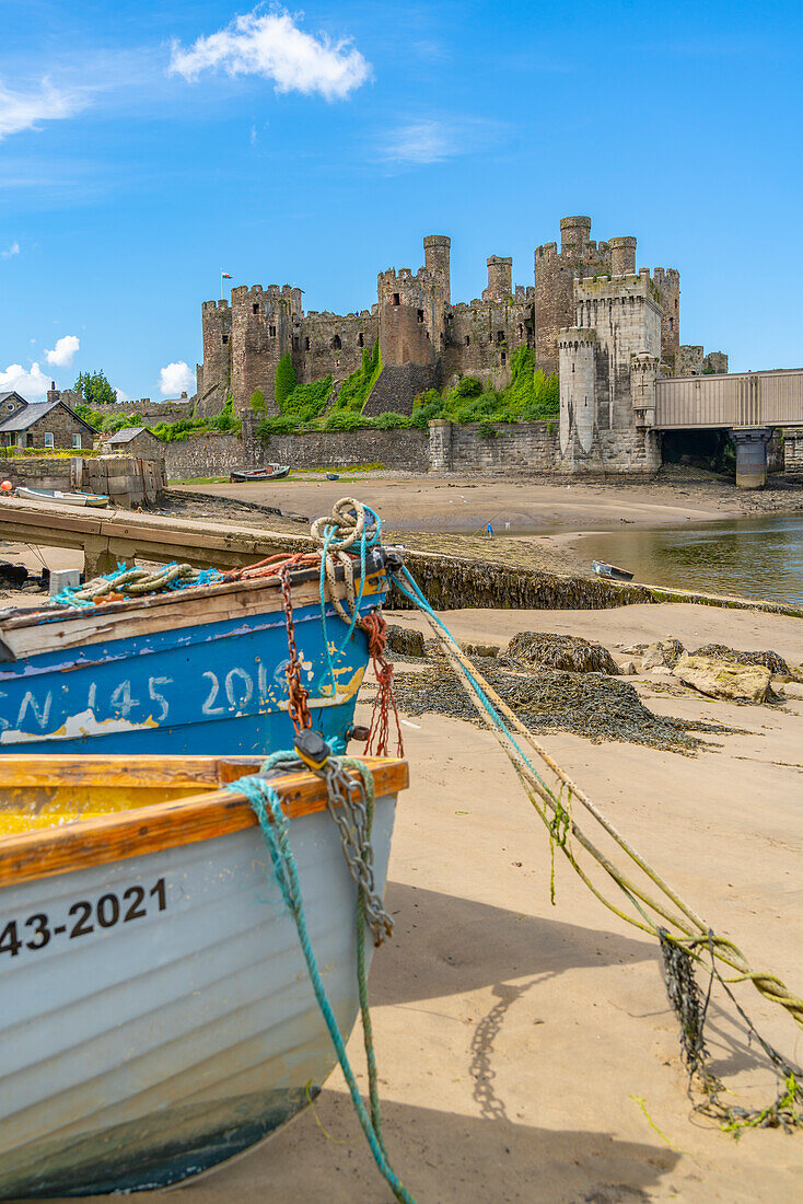 View of Conwy Castle, UNESCO World Heritage Site, and boats on the shore, Conwy, Conway County Borough, Wales, United Kingdom, Europe