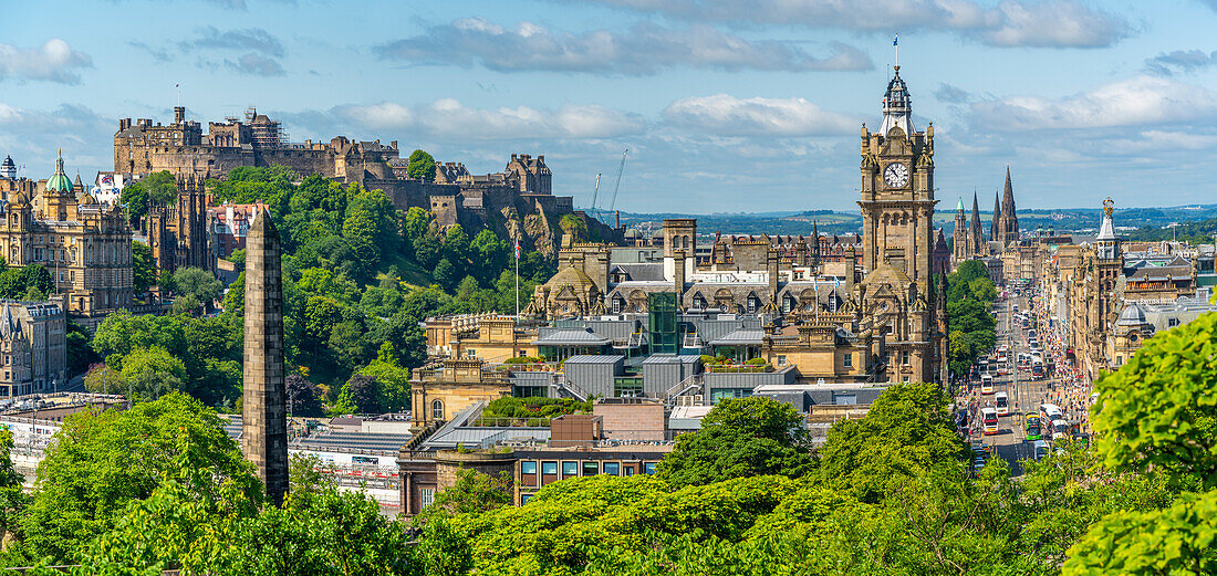 View of Castle, Balmoral Hotel and Princes Street from Calton Hill, Edinburgh, Scotland, United Kingdom, Europe
