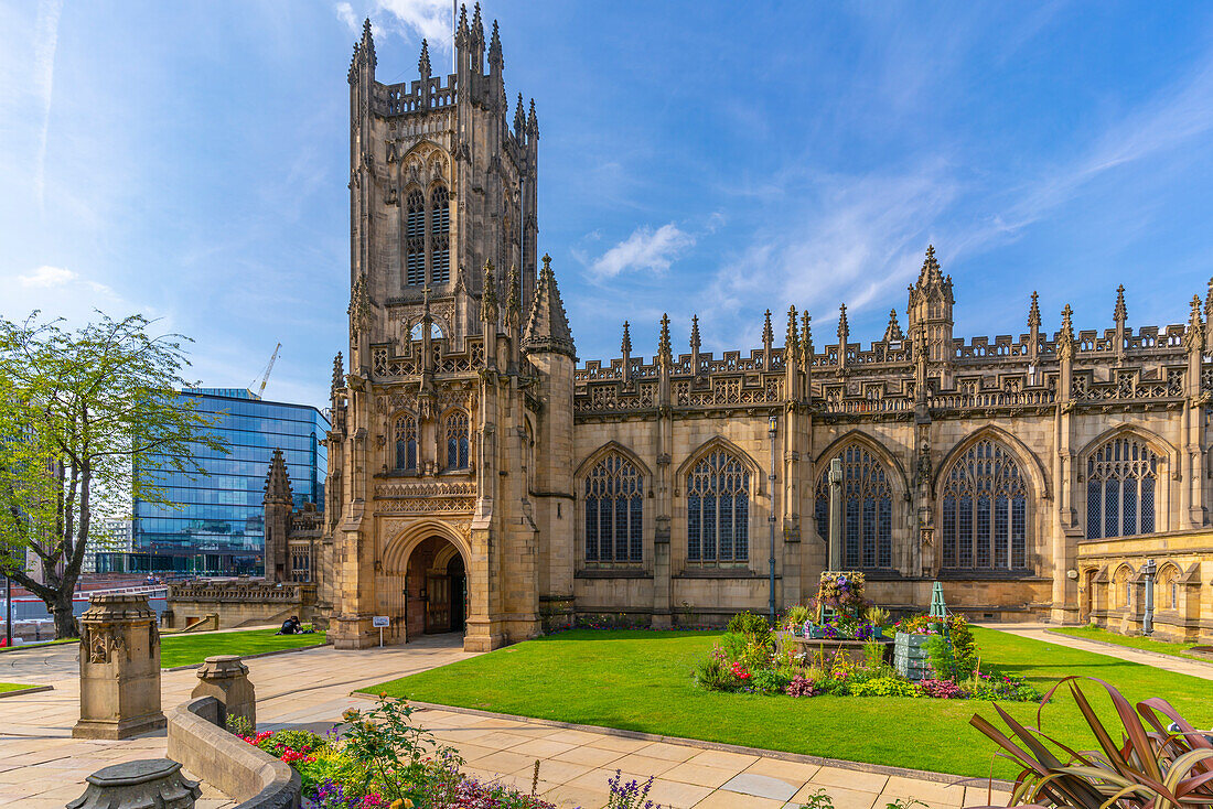 Blick auf die Kathedrale von Manchester von Cathedral Yard, Manchester, Lancashire, England, Vereinigtes Königreich, Europa