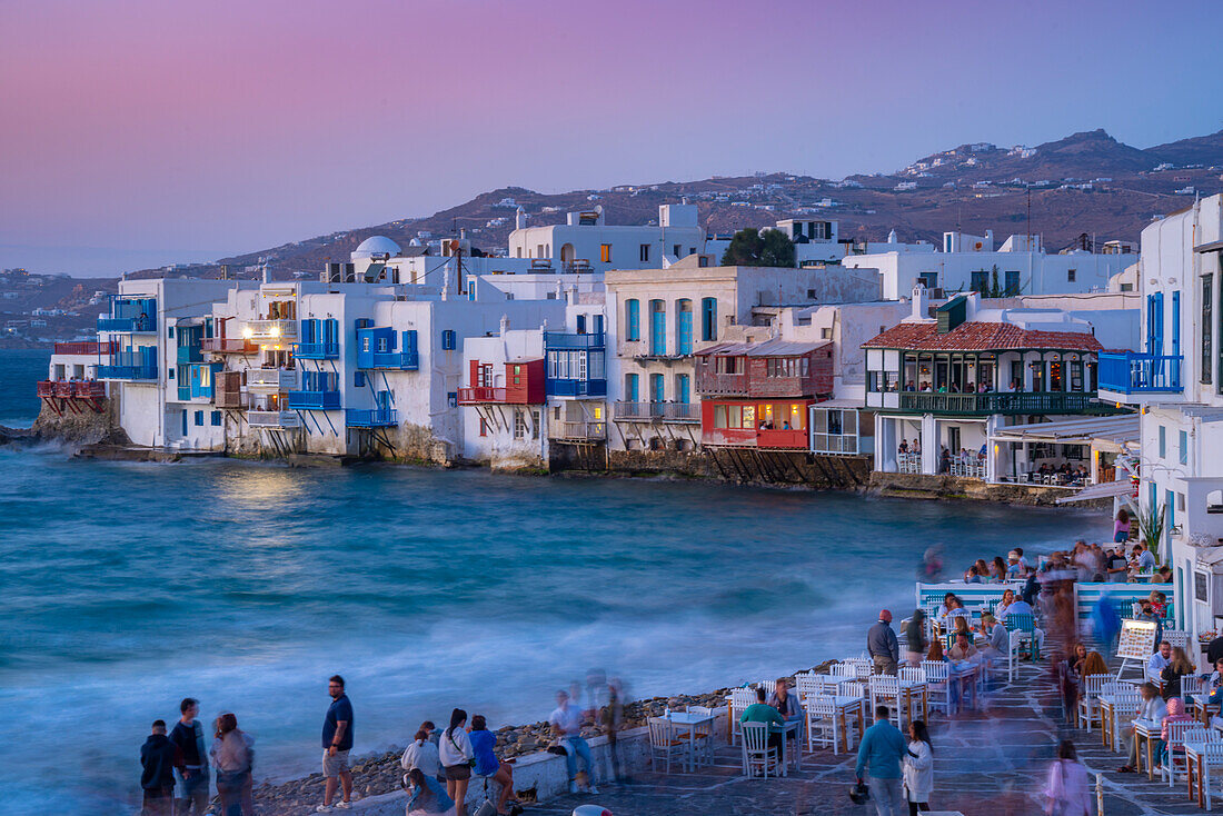 View of Little Venice in Mykonos Town at dusk, Mykonos, Cyclades Islands, Greek Islands, Aegean Sea, Greece, Europe