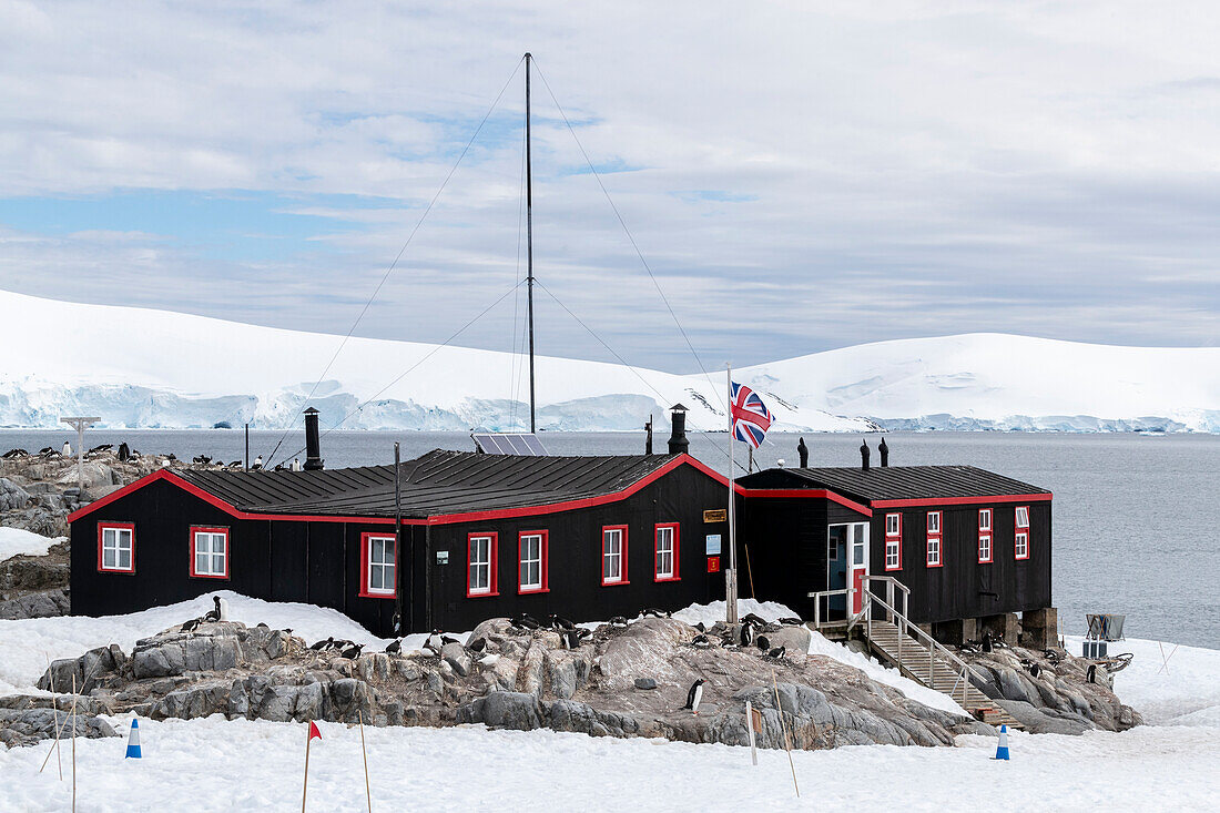Außenansicht von Port Lockroy, gegründet als Station A im zweiten Weltkrieg Operation Tabarin, Insel Goudier, Antarktis, Polarregionen