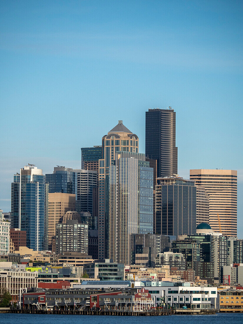View of downtown Seattle from the harbor, Seattle, Washington State, United States of America, North America