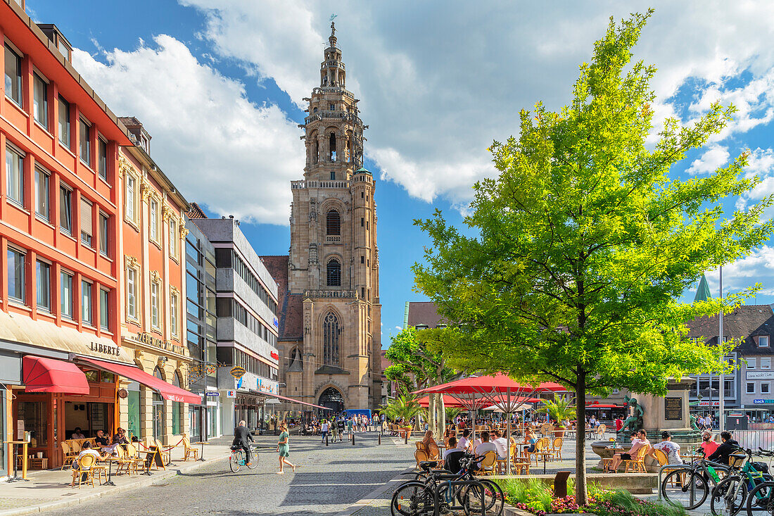 Cafes on the market square with Kilianskirche Church, Heilbronn, Baden-Wurttemberg, Germany, Europe