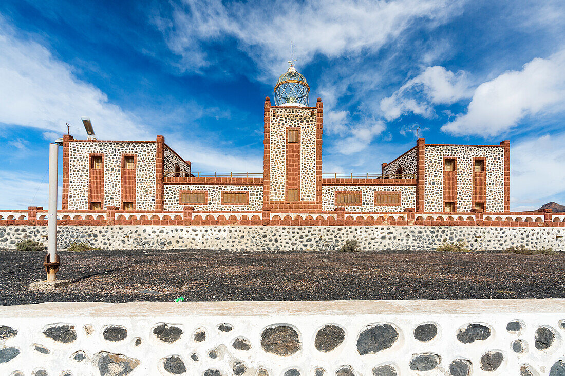 Front view of towers and lantern dome of Entallada lighthouse, Tuineje, Las Palmas, Fuerteventura, Canary Islands, Spain, Atlantic, Europe