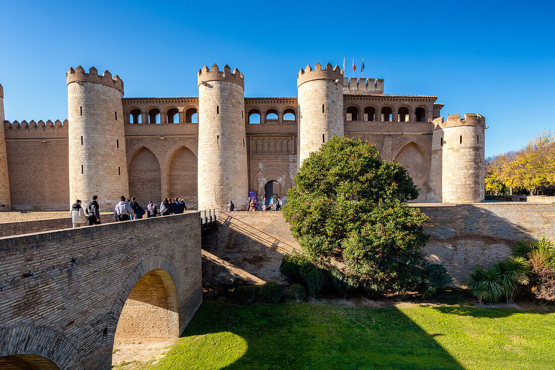Aljaferia fortified medieval Islamic palace building exterior, Zaragoza, Aragon, Spain, Europe