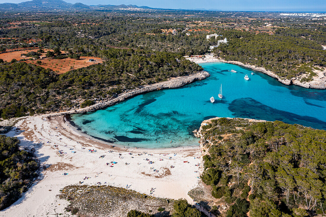 Aerial of Parc Natural de Mondrago, Mallorca (Majorca), Balearic Islands, Spain, Mediterranean, Europe