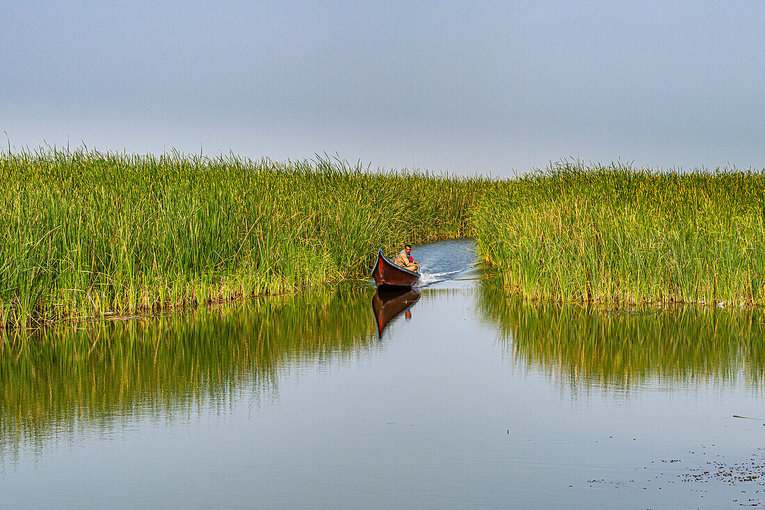 Little boat in the Mesopotamian Marshes, The Ahwar of Southern Iraq, UNESCO World Heritage Site, Iraq, Middle East