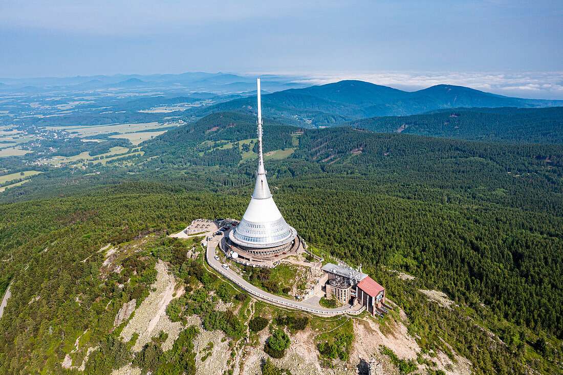 Aerial of the Jested Tower, a TV tower and hotel, the highest mountain peak of the Jested-Kozakov Ridge, Jested, Czech Republic, Europe