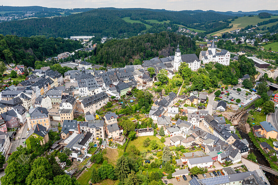 Aerial of St. Georgen Kirche and Palace, town of Schwarzenberg, Ore Mountains, UNESCO World Heritage Site, Saxony, Germany, Europe