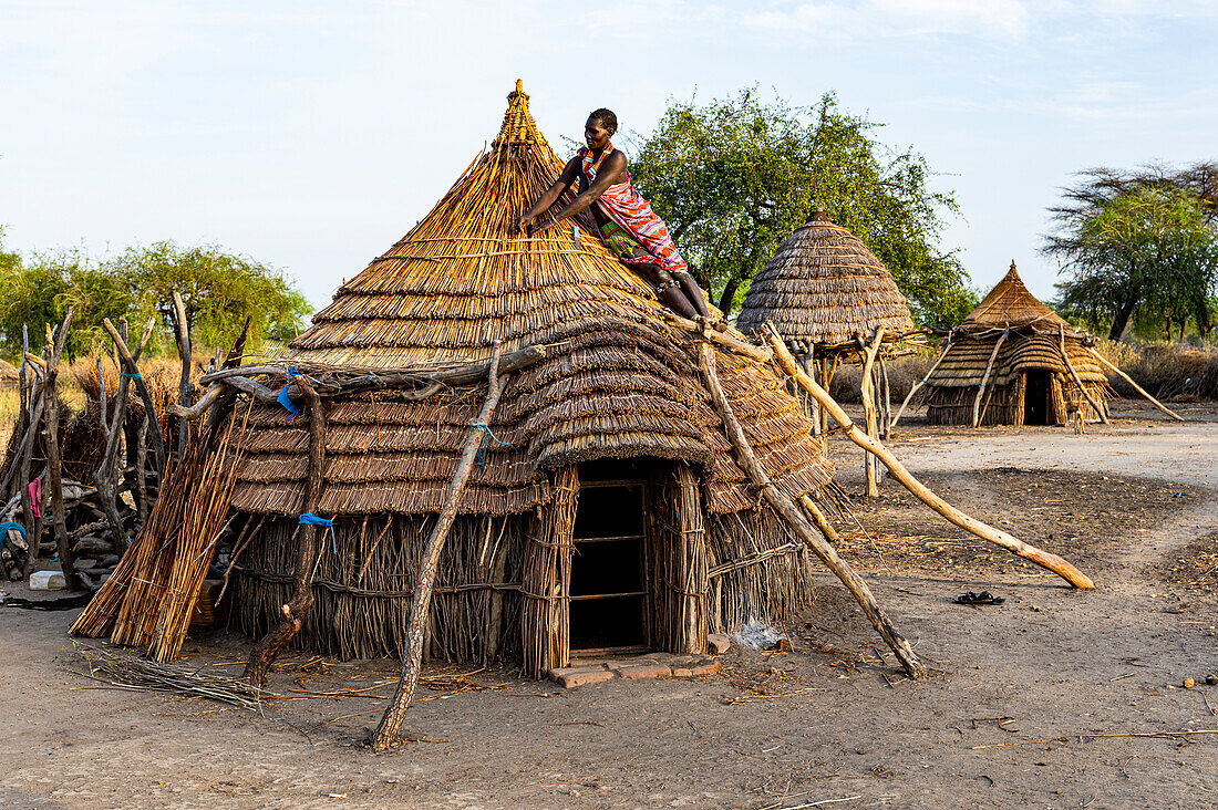 Woman repairing a roof of a traditional hut of the Toposa tribe, Eastern Equatoria, South Sudan, Africa