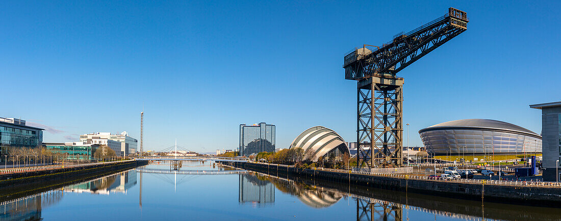 Finnieston Crane, SSE Hydro and Armadillo reflection, River Clyde, Glasgow, Scotland, United Kingdom, Europe
