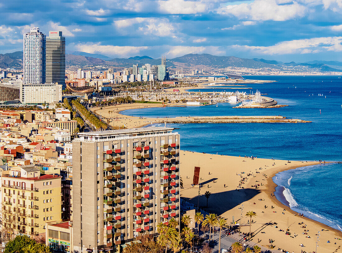 Stadtbild mit der Küste und dem Strand von Barceloneta, Erhöhte Ansicht, Barcelona, Katalonien, Spanien, Europa
